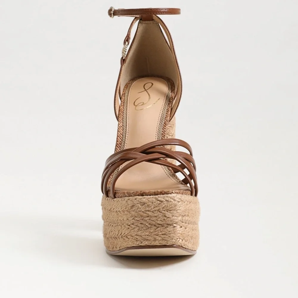 Sam Edelman Kade Cognac Leather Platform Sandals | 5.5" Heel Woven Detail - Picture 5 of 5
